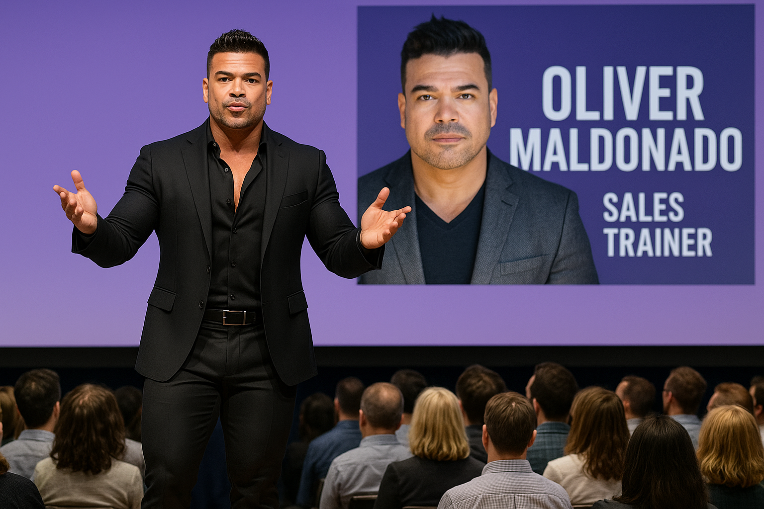 Oliver Maldonado Sales Trainer Pictured on Stage Public Speaking
